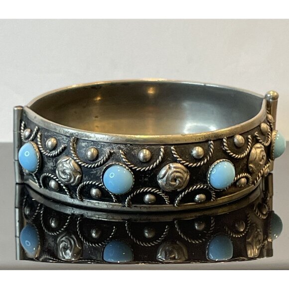 Silvertone Tibet Hinged Bangle Bracelet With Faux Turquoise - Picture 4 of 10
